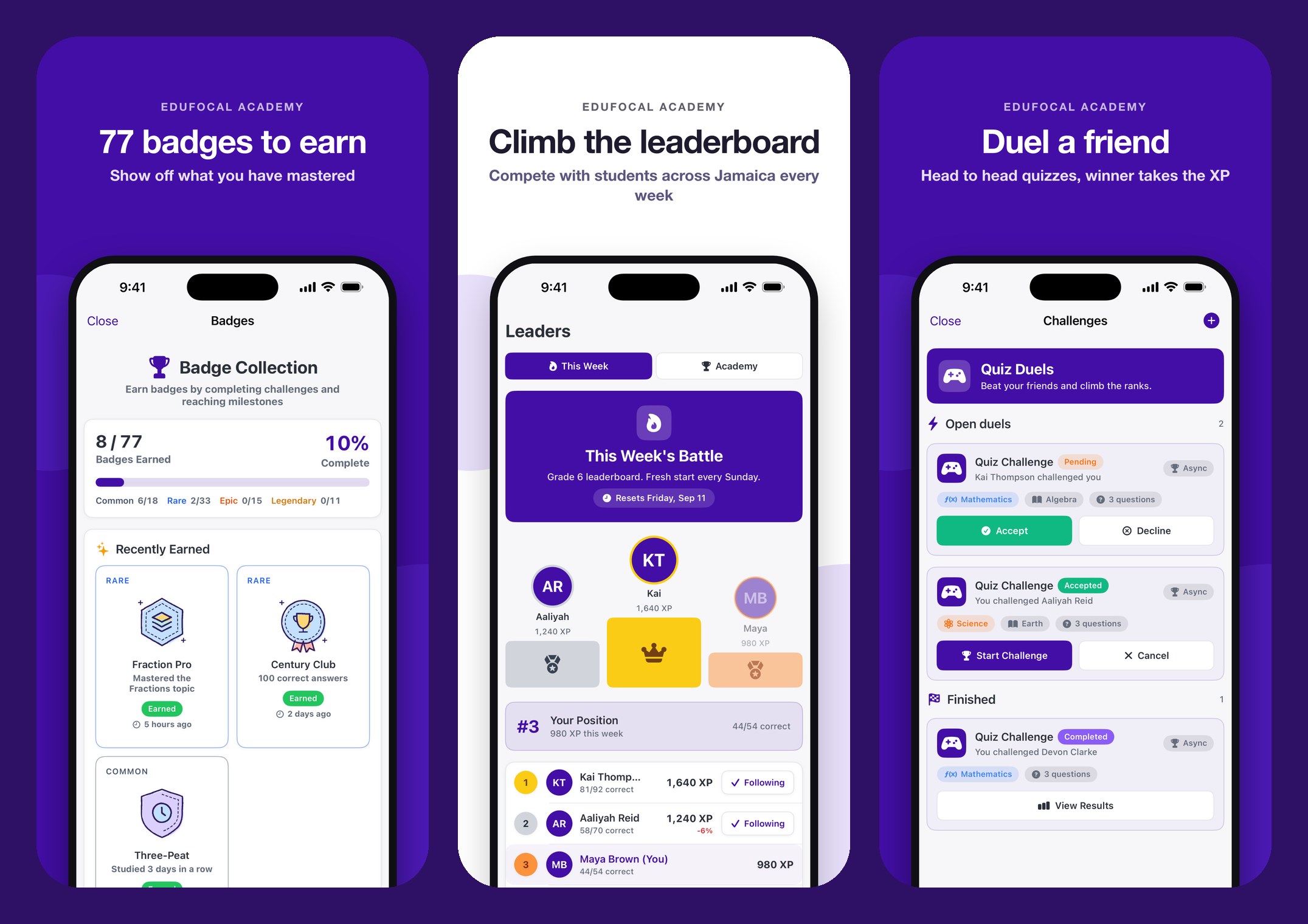 Three iPhone screens: a badge collection, a weekly leaderboard, and head to head quiz challenges.