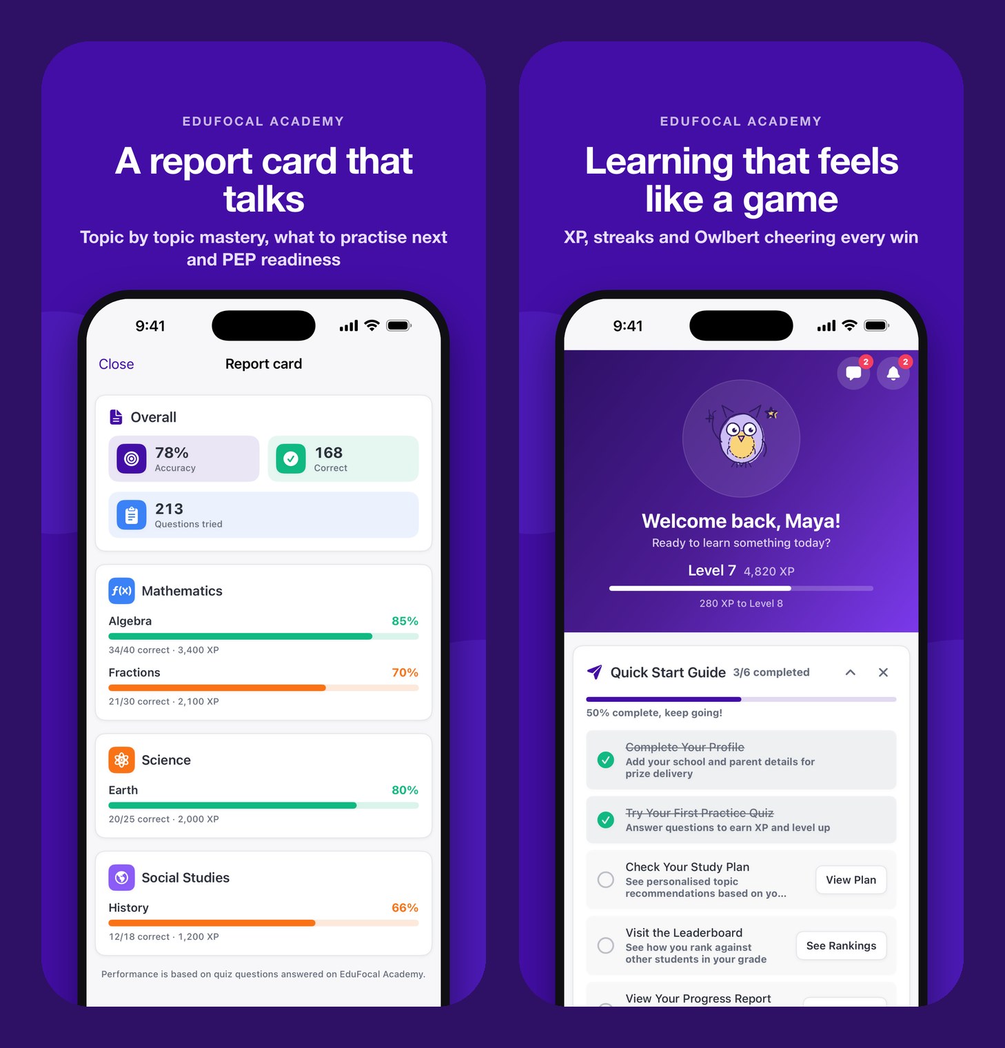 Two iPhone screens: the report card with topic by topic mastery, and the home screen with Owlbert.