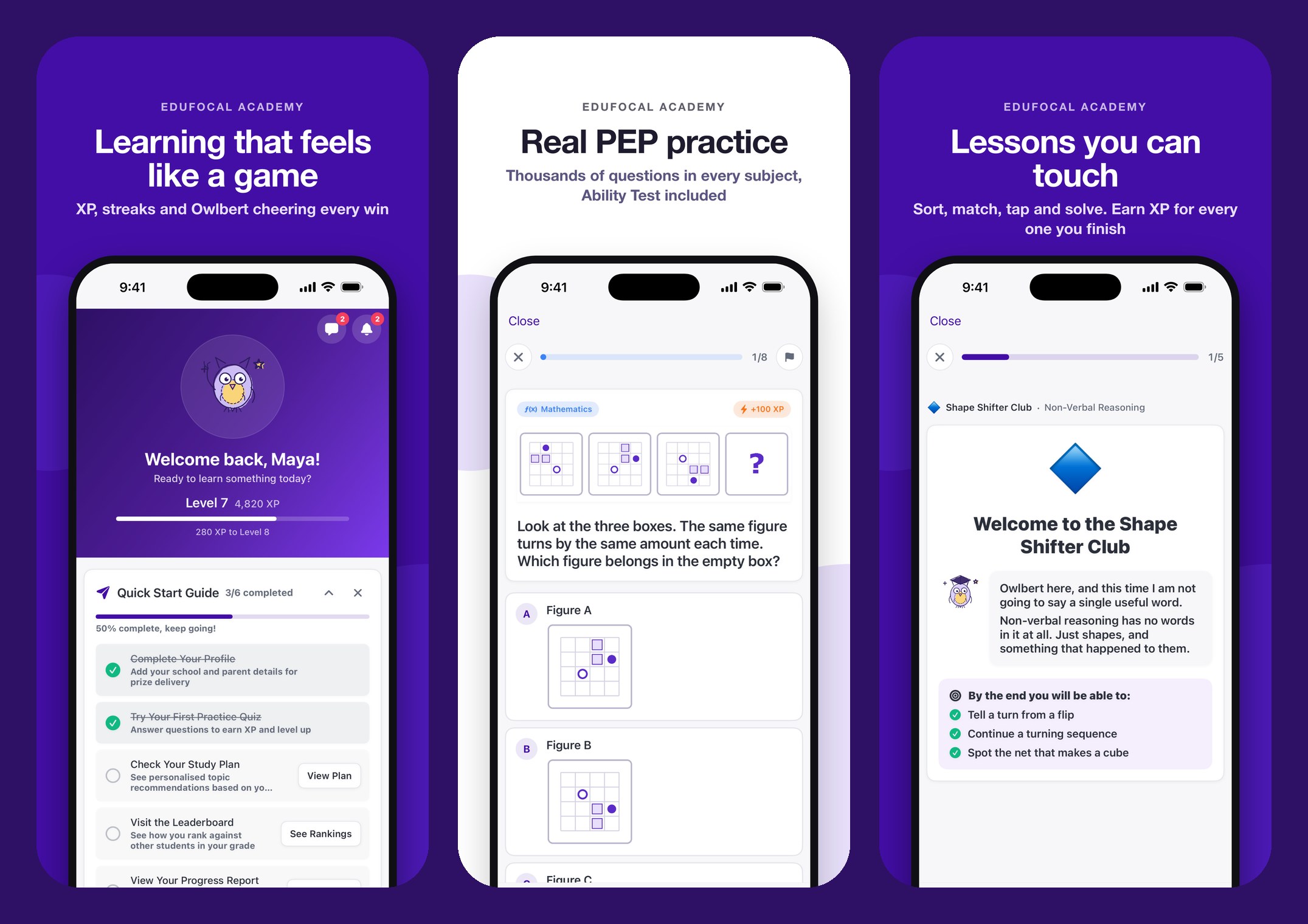Three iPhone screens: the home screen with Owlbert and an XP bar, a non-verbal reasoning question, and an interactive lesson called Shape Shifter Club.